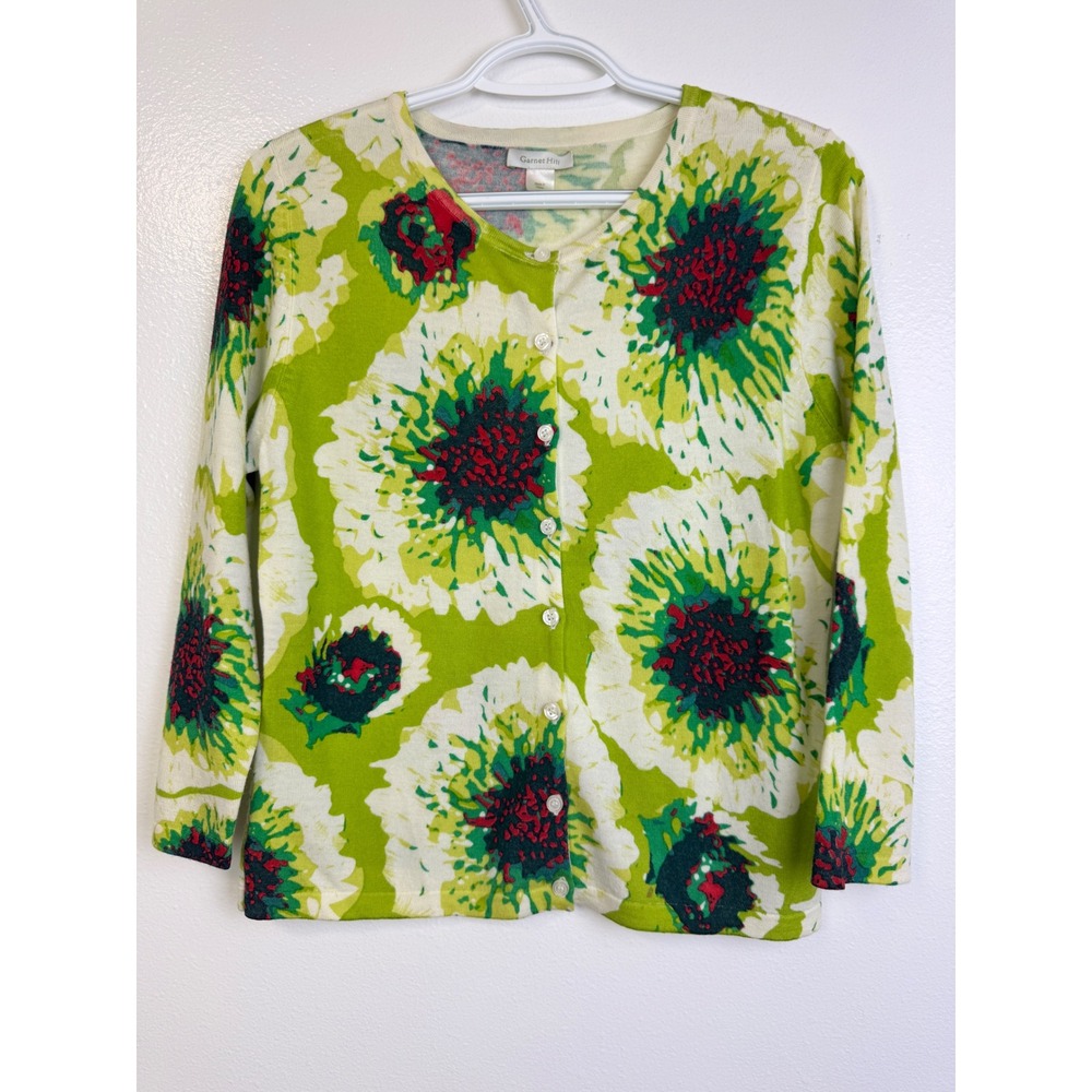 Garnet Hill Womens 100% Merino Wool Floral Cardigan Sweater Green Red Size M